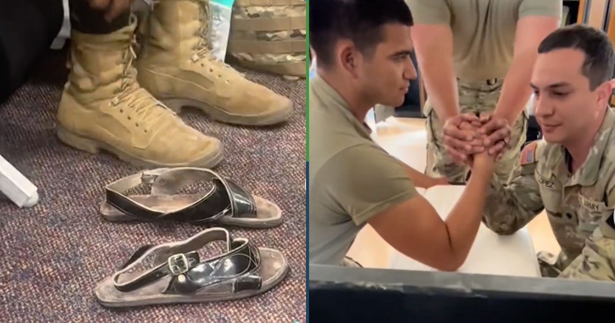 Mexicaan toont zijn huaraches als soldaat in het Amerikaanse leger