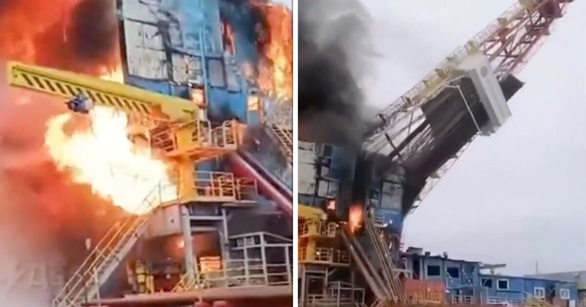 Russia in fiamme dopo il crollo della piattaforma petrolifera: guarda il momento in cui cade a terra