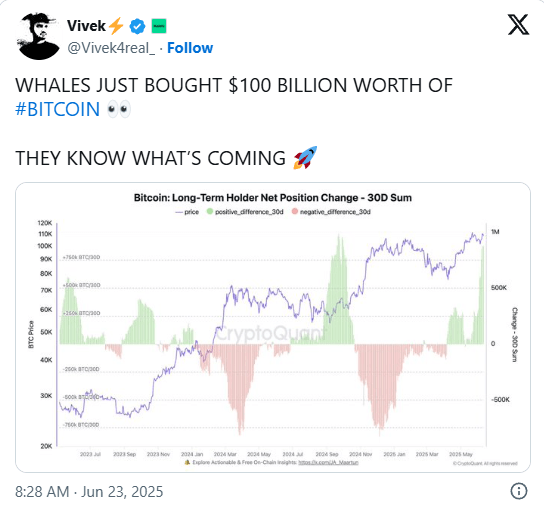 Les baleines crypto achètent du Bitcoin pour 100 milliards de dollars – correction avant la fin ?
