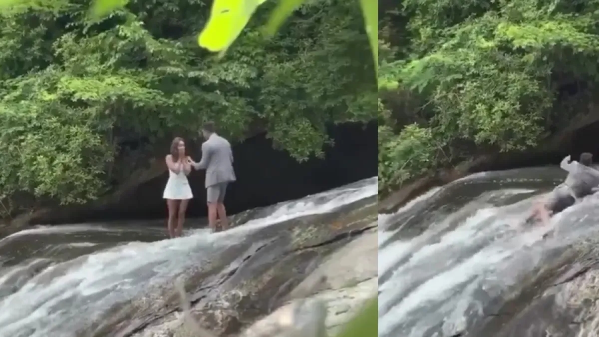 Video | Un uomo le fa la proposta di matrimonio vicino a una cascata, ma scivola prima di festeggiare il ritorno.