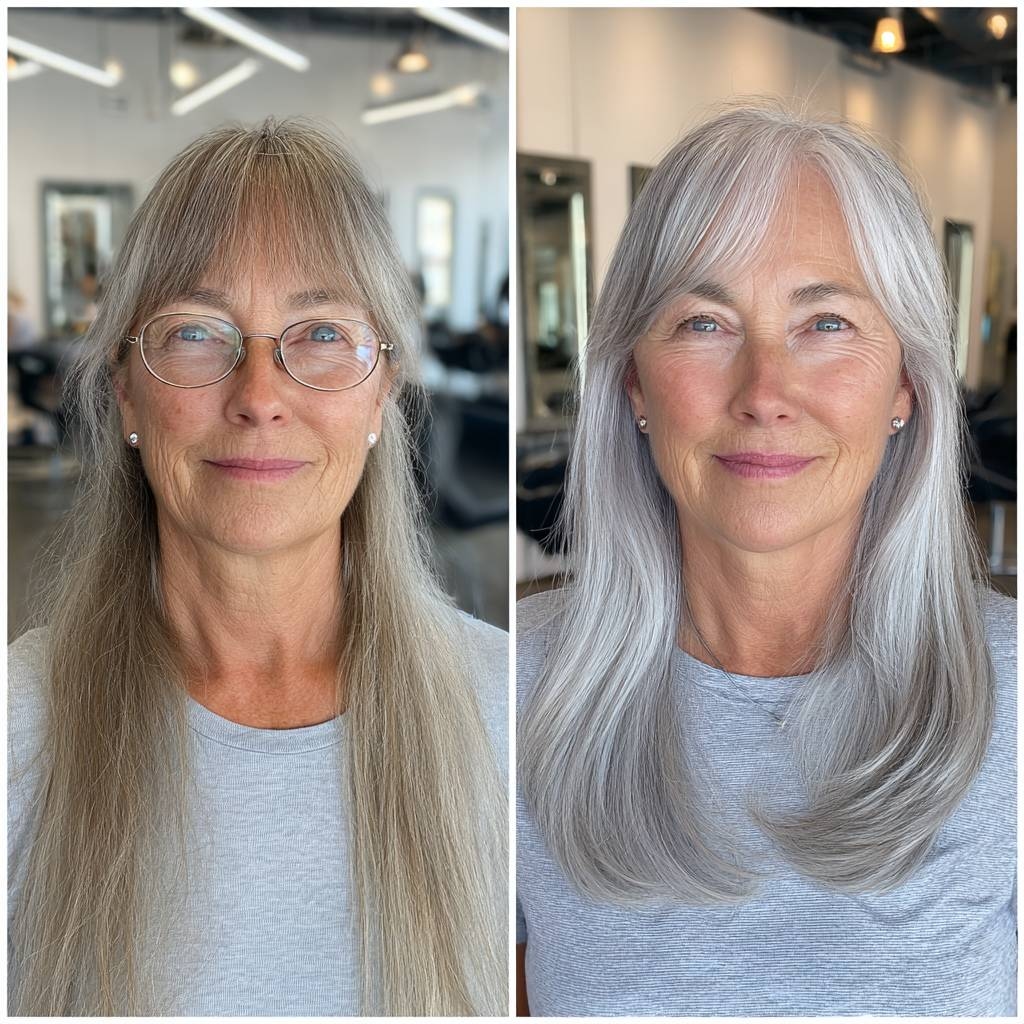 25 Sassy Long Hair With Bangs Styles That Flatter Women Over 60 With Glasses